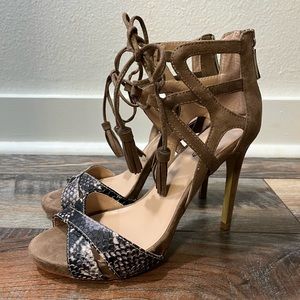 Bebe Tie Ankle Strap Snake Print Suede Heels 6